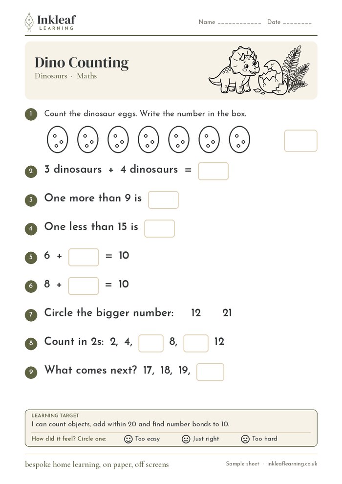 Dinosaur maths worksheet