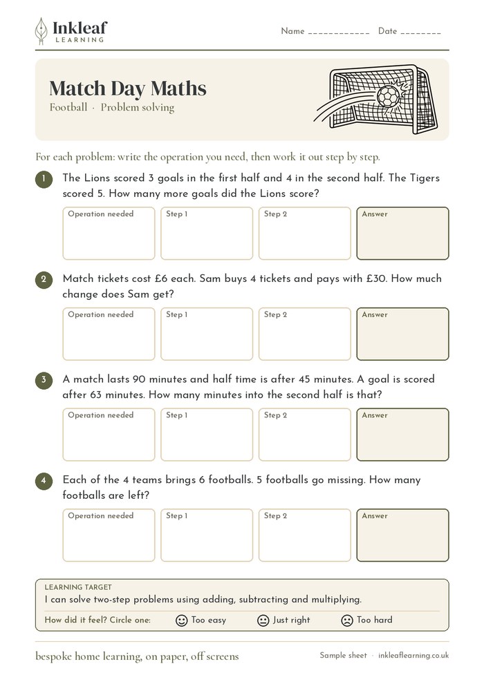 Football problem solving worksheet