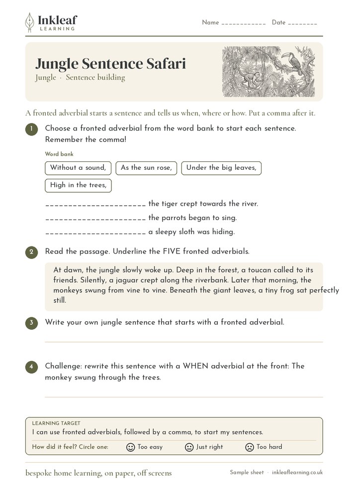 Jungle sentence building worksheet